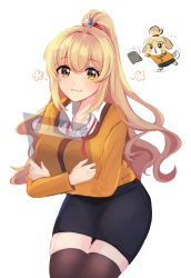 Rule 34 | 1girl, :3, animal crossing, bad id, bad pixiv id, blonde hair, blush, breast press, breasts, chaum, chibi, chibi inset, clipboard, collared shirt, crossed arms, dual persona, hair tie, highres, holding, holding clipboard, humanization, isabelle (animal crossing), large breasts, long hair, long sleeves, looking at viewer, neck ribbon, nintendo, pencil skirt, personification, ponytail, shirt, skindentation, skirt, solo, sweater, thighhighs, transparent, undone neck ribbon, very long hair, wavy hair, yellow eyes