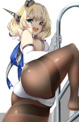 Rule 34 | 1girl, alternate costume, ass, bad id, bad twitter id, bare shoulders, blonde hair, blue eyes, blush, braid, breasts, brown pantyhose, c@rbon, cameltoe, colorado (kancolle), commentary request, competition swimsuit, cowboy shot, elbow gloves, from below, garrison cap, gloves, hair between eyes, hat, headgear, highleg, highleg swimsuit, kantai collection, large breasts, leg up, legs, looking at viewer, one-piece swimsuit, open mouth, pantyhose, pantyhose under swimsuit, partially visible vulva, pool ladder, ribbon, short hair, side braid, side braids, sideboob, single braid, skindentation, smile, solo, standing, swimsuit, thighband pantyhose, thighs, white one-piece swimsuit