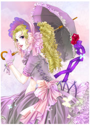 Rule 34 | 1970s (style), 1girl, bad id, bad pixiv id, bare back, blonde hair, blue eyes, bonnet, bow, bug, butterfly, curly hair, dress, drill hair, flower, frills, gloves, gown, insect, lipstick, long hair, makeup, marie antoinette (versailles no bara), oldschool, parasol, petticoat, pink bow, pink lips, retro artstyle, ribbon, rose, smile, solo, striped ribbon, tamari (flawless), teeth, too many, umbrella, versailles no bara, victorian