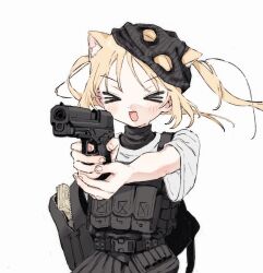 Rule 34 | 1girl, animal ears, backpack, bag, gun, highres, lbf5n, original, pointing, pointing at viewer, robbery, solo, weapon, white background