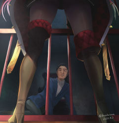 Rule 34 | 1boy, 1girl, black footwear, black thighhighs, boots, chair, commentary request, dated, haruyama kazunori, head out of frame, highres, hololive, houshou marine, houshou marine (marching band), long hair, looking at another, looking at viewer, pantyhose, red hair, standing, thigh boots, thighhighs, twitter username, virtual youtuber, yagoo