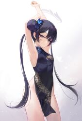 Rule 34 | 1girl, absurdres, armpits, arms up, black dress, black hair, blue archive, breasts, china dress, chinese clothes, closed mouth, covered navel, cowboy shot, double bun, dress, expressionless, grey eyes, hair bun, hansum, highres, kisaki (blue archive), long hair, looking at viewer, open mouth, pelvic curtain, simple background, sleeveless, sleeveless dress, small breasts, solo, stretching, thighs, very long hair, white background