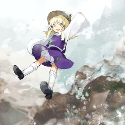 Rule 34 | 1girl, arm up, blonde hair, bloomers, brown hat, commentary request, flat chest, hat, kaigen 1025, long hair, long sleeves, moriya suwako, open mouth, purple skirt, purple vest, shoes, skirt, sleeves past wrists, smile, socks, solo, sweater, touhou, underwear, vest, white bloomers, white footwear, white socks, white sweater, yellow eyes