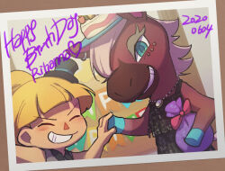 Rule 34 | 2girls, animal crossing, bag, black dress, blonde hair, bow, character name, closed eyes, dated, dress, eyelashes, furry, furry female, grey shirt, grin, happy birthday, hat, holding, holding bag, holding hands, horse girl, looking at viewer, mini hat, mini top hat, multiple girls, nintendo, nostrils, photo (object), pink bow, purple bag, reneigh (animal crossing), shirt, short hair, smile, string of flags, top hat, ukata, villager (animal crossing)
