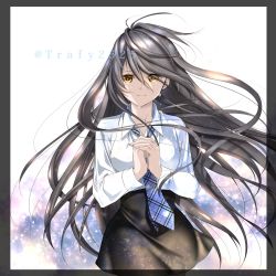 Rule 34 | 1girl, bad id, bad pixiv id, black border, black skirt, blue necktie, border, closed mouth, collared shirt, commentary request, crying, crying with eyes open, grey hair, hair between eyes, hands up, high-waist skirt, highres, light smile, long hair, long sleeves, looking at viewer, necktie, original, own hands together, pencil skirt, plaid, plaid necktie, plaid neckwear, shirt, shirt tucked in, skirt, solo, standing, tears, translucent border, transparent border, twitter username, very long hair, watermark, white background, white shirt, wind, wing collar, yellow eyes, yuitanpo