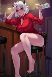 Rule 34 | 1girl, alcohol, barefoot, black horns, black nails, black panties, blush, bottle, breasts, chair, cleavage, collared shirt, commentary, demon girl, demon horns, demon tail, dress shirt, drunk, feet, foot out of frame, hand on own head, helltaker, highres, horns, indoors, large breasts, malina (helltaker), nail polish, panties, red eyes, red shirt, sciamano240, shirt, short hair, sitting, sleeves rolled up, tail, toenail polish, toenails, toes, underwear, vodka, wavy mouth, white hair
