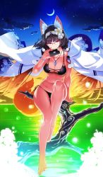 Rule 34 | 1girl, animal ears, bikini, black bikini, black hair, bracelet, breasts, brown hair, cellphone, cleavage, cloak, commentary request, craft essence (fate), crescent moon, fate/grand order, fate (series), fox ears, fox tail, glasses, gradient hair, hood, hood down, hooded cloak, in tree, jewelry, osakabehime (foxy lady) (fate), large breasts, long hair, looking at viewer, magatama, magatama necklace, moon, multicolored hair, necklace, night, night sky, ocean, official art, osakabehime (fate), phone, purple eyes, shaka p, side-tie bikini bottom, sitting, sitting in tree, sky, smartphone, smile, solo, swimsuit, tail, tree, twintails, very long hair
