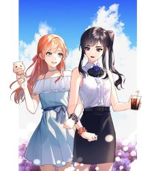 Rule 34 | 2girls, bare shoulders, belt, black hair, black lips, black skirt, blue dress, blue eyes, braid, breasts, choker, cup, disposable cup, dress, drinking straw, final fantasy, final fantasy xiv, food, gaia (ff14), hair between eyes, hair ribbon, highres, holding, holding cup, holding food, holding ice cream, ice, ice cream, ice cube, locked arms, long hair, medium breasts, multiple girls, neck ribbon, open mouth, orange hair, outdoors, pencil skirt, pillarboxed, pink ribbon, pleated dress, ribbon, ryne waters, shirt, side ponytail, sidelocks, skirt, sky, smile, songbaway, thick eyebrows, upper body, white shirt, wristband