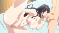 Rule 34 | 1boy, 1girl, animated, animated gif, black hair, breasts, censored, fellatio, hetero, large breasts, masturbation, morino yuuko, nipples, nude, oral, tentacle and witches