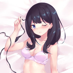 Rule 34 | 1girl, bare shoulders, black hair, blue eyes, blush, bra, breasts, cirnos, cleavage, collarbone, commentary request, gridman universe, holding, long hair, looking at viewer, medium breasts, one eye closed, skirt, solo, ssss.gridman, takarada rikka, underwear, white bra