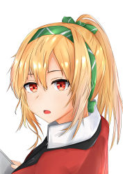 Rule 34 | 1girl, absurdres, blonde hair, breasts, girls&#039; frontline, green hairband, green ribbon, hair between eyes, hair ornament, hair ribbon, hairband, highres, huge filesize, jacket, long hair, looking at viewer, looking back, muteppona hito, open mouth, ponytail, portrait, red eyes, red jacket, ribbon, simple background, solo, sv-98 (girls&#039; frontline), white background