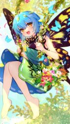 Rule 34 | 1girl, antennae, aqua hair, barefoot, blush, butterfly wings, commission, dress, eternity larva, fairy, flower, full body, green dress, hair between eyes, highres, insect wings, leaf, leaf on head, looking at viewer, moni monico, multicolored clothes, multicolored dress, open mouth, pink flower, red flower, short hair, short sleeves, skeb commission, smile, solo, touhou, twitter username, white flower, wings, yellow eyes