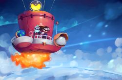 Rule 34 | 2boys, absurdres, aircraft, airship, big nose, blue sky, brown hair, cappy (mario), commentary, cristianlr, english commentary, facial hair, flying, ghost tail, globe, gloves, highres, male focus, mario, mario (series), midair, multiple boys, mustache, nintendo, odyssey (super mario odyssey), overalls, sky, smile, standing, super mario odyssey, vehicle focus, white gloves