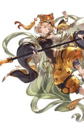 Rule 34 | 10s, 1girl, alpha transparency, apsaras (granblue fantasy), blonde hair, bridal gauntlets, brown eyes, detached sleeves, djeeta (granblue fantasy), floating, full body, granblue fantasy, hat, leotard, looking at viewer, minaba hideo, official art, parted lips, puffy pants, see-through, shoes, short hair, smile, solo, staff, transparent background
