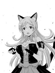 Rule 34 | 1girl, :3, ahoge, animal ears, bare shoulders, breasts, cat tail, cleavage, collarbone, constricted pupils, corset, detached sleeves, dot nose, dress, eyelashes, fake animal ears, fake tail, fingerless gloves, flipped hair, gloves, greyscale, hair between eyes, highres, idolmaster, idolmaster million live!, idolmaster million live! theater days, large breasts, long hair, matcha kingyo, monochrome, nyannyan cat&#039;s eye (idolmaster), open mouth, parted bangs, paw pose, puffy short sleeves, puffy sleeves, shinomiya karen, short sleeves, sidelocks, simple background, skirt, solo, standing, surprised, tail, upper body, very long hair, white background