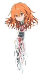 Rule 34 | 1girl, a.i. voice, adachi rei, android, cable, cable tie, expressionless, hair between eyes, hair down, headset, highres, long hair, looking at viewer, lunch (lunchicken), machine, open mouth, orange eyes, orange hair, photo-referenced, ringed eyes, severed head, simple background, solo, spinal cord, utau, white background