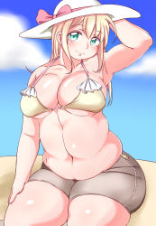 Rule 34 | 1girl, aqua eyes, arm up, belly, blonde hair, blush, breasts, character request, cleavage, hakuto, hat, highres, large breasts, long hair, looking at viewer, plump, sitting, smile, solo, swimsuit, thick thighs, thighs