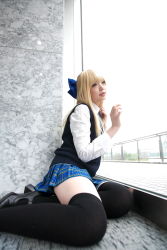 Rule 34 | 1girl, against glass, asian, black footwear, black thighhighs, blonde hair, blue ribbon, blurry, bow, breasts, character request, color contacts, cosplay, depth of field, dress shirt, hair bow, highres, indoors, looking away, miniskirt, namada, on floor, parted lips, photo (medium), ribbon, school uniform, shirt, shoes, sitting, skirt, small breasts, solo, sweater vest, thighhighs, white shirt, window, yokozuwari, zettai ryouiki