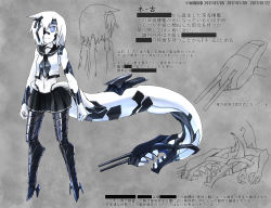 Rule 34 | 10s, 1girl, abyssal ship, alternate costume, armor, armored boots, blue eyes, boots, censored, censored text, character sheet, colored skin, commentary request, flat chest, hair over one eye, high heel boots, high heels, kantai collection, midriff, navel, ne-class heavy cruiser, sailor collar, sailor shirt, shirt, short hair, skirt, sleeveless, slit pupils, solo, tail, teeth, thigh boots, thighhighs, translation request, white hair, white skin, wiol (warm haut)