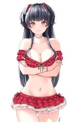 Rule 34 | 1girl, absurdres, bare shoulders, bikini, black hair, blunt bangs, breasts, brown eyes, choker, cleavage, collarbone, commentary request, cowboy shot, crossed arms, endo yohane, frilled bikini, frills, groin, hair ribbon, heart, heart choker, heart print, highres, idolmaster, idolmaster shiny colors, large breasts, long hair, looking at viewer, mayuzumi fuyuko, navel, off-shoulder bikini, off shoulder, print bikini, red bikini, ribbon, simple background, solo, swimsuit, thigh gap, two side up, white background