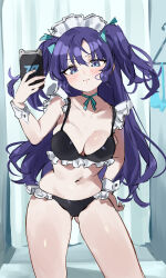 Rule 34 | 1girl, absurdres, alternate costume, bare arms, bare legs, bare shoulders, bikini, black bikini, blue archive, blush, breasts, cellphone, cleavage, closed mouth, cowboy shot, enmaided, highres, holding, holding phone, large breasts, long hair, looking at viewer, maid, maid bikini, maid headdress, misekiss, phone, purple eyes, purple hair, smartphone, solo, swimsuit, two side up, unconventional maid, wrist cuffs, yuuka (blue archive)