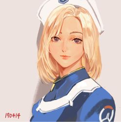 Rule 34 | 1girl, 2017, alternate hairstyle, beret, blonde hair, blue bodysuit, blue eyes, bodysuit, breasts, closed mouth, combat medic ziegler, cross print, dated, emblem, eyelashes, hat, lips, lipstick, logo, long sleeves, looking at viewer, makeup, medium hair, mercy (overwatch), no wings, nose, official alternate costume, overwatch, overwatch 1, parted bangs, pink lips, portrait, short hair, simple background, smile, solo, takssmask, upper body, white hat