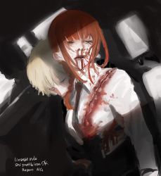 Rule 34 | 1boy, 1girl, @ @, black jacket, black neckwear, blonde hair, blood, blood on clothes, blood on face, blood splatter, braid, braided ponytail, chainsaw man, closed eyes, closed mouth, collared shirt, cuts, denji (chainsaw man), eyebrows, eyelashes, half-closed eyes, hug, hug from behind, injury, jacket, kamo (kamonegioisi), long hair, long sleeves, makima (chainsaw man), necktie, nosebleed, pale skin, red hair, shirt, shirt tucked in, short hair, sidelocks, sleeves past elbows, tearing up, tears, white shirt