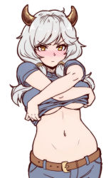 Rule 34 | 10s, 1girl, akairiot, bad id, bad tumblr id, belt, blush, breasts, clothes lift, draph, granblue fantasy, horns, kumuyu, large breasts, long hair, looking at viewer, low twintails, navel, no bra, pants, shirt lift, silver hair, solo, twintails, underboob, undressing, yellow eyes