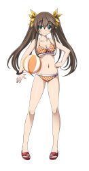 Rule 34 | 10s, 1girl, ball, bikini, breasts, brown hair, cleavage, front zipper swimsuit, full body, green eyes, hair ribbon, hand on own hip, highres, huang lingyin, infinite stratos, long hair, looking at viewer, meme attire, navel, one-piece swimsuit, orange bikini, polka dot, polka dot bikini, ribbon, see-through, small breasts, smile, solo, swimsuit, transparent background, twintails, yellow ribbon