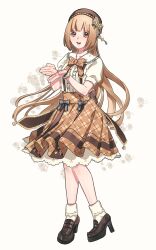 Rule 34 | 1girl, black footwear, bow, bowtie, brown eyes, brown skirt, collared shirt, flower, full body, hair bow, hat, high-waist skirt, high heels, highres, idolmaster, idolmaster cinderella girls, idolmaster cinderella girls starlight stage, light brown hair, loafers, long hair, looking at viewer, open mouth, oshinomiya, shirt, shoes, short sleeves, skirt, smile, socks, solo, suspender skirt, suspenders, white socks, yorita yoshino