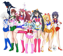 Rule 34 | 6+girls, :d, ;d, arm up, bishoujo senshi sailor moon, bishoujo senshi sailor moon s, black cape, black hair, black hat, black pants, blonde hair, blue bow, blue choker, blue eyes, blue footwear, blue hair, blue skirt, boots, bow, breasts, brooch, brown hair, cape, choker, circlet, cleavage, clenched hand, collar, cosplay, crescent, crescent facial mark, dog, elbow gloves, facial mark, fish, flat chest, food, formal, fruit, gloves, green choker, green footwear, green hair, grey eyes, hair bow, hair ornament, hair over one eye, hand on own hip, hands on own hips, hands up, hat, heart, heart brooch, high heels, highres, hoshikawa lily, jewelry, knee boots, konno junko, long hair, looking at another, looking at viewer, luna (sailor moon), luna (sailor moon) (cosplay), mask, medium breasts, minamoto sakura, mitsuishi kotono, mizuno ai, multicolored hair, multiple girls, nikaidou saki, one eye closed, onion, open mouth, orange (fruit), pants, pink bow, pink footwear, pink skirt, pirochi, pointing, pointing at viewer, red bow, red eyes, red footwear, red hair, red skirt, romero (zombie land saga), sailor jupiter, sailor jupiter (cosplay), sailor mars, sailor mars (cosplay), sailor mercury, sailor mercury (cosplay), sailor moon, sailor neptune, sailor neptune (cosplay), sailor saturn, sailor saturn (cosplay), sailor venus, sailor venus (cosplay), school uniform, serafuku, siidelocks, silver hair, skirt, smile, spiked collar, spikes, standing, standing on one leg, star (symbol), star hair ornament, suit, tatsumi koutarou, tuxedo kamen, tuxedo kamen (cosplay), v, very long hair, voice actor connection, wavy mouth, white gloves, white skirt, yamada tae, yellow footwear, yuugiri (zombie land saga), zombie land saga