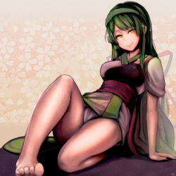 Rule 34 | 1girl, :&gt;, at2., bare legs, barefoot, chest plate, green hair, highres, japanese clothes, long hair, looking at viewer, panties, pantyshot, sitting, smile, solo, toes, touhoku zunko, underwear, vocaloid, voiceroid, yellow eyes
