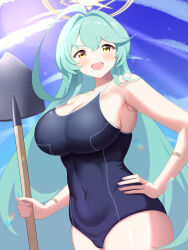 Rule 34 | 1girl, absurdres, abydos high school swimsuit, ahoge, bandaid, bare arms, bare legs, bare shoulders, black one-piece swimsuit, blue archive, blush, breasts, cleavage, cowboy shot, fingernails, green hair, hair between eyes, halo, hand on own hip, highres, huge ahoge, large breasts, long hair, one-piece swimsuit, open mouth, school swimsuit, shovel, smile, solo, swimsuit, ushiroki, yellow eyes, yellow halo, yume (blue archive)