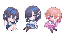 2girls black_hair braid breasts butterfly_hair_ornament chibi earrings hair_ornament heart heart_earrings jewelry multiple_girls nekoyashiki_pushio original pantyhose school_swimsuit shirt swimsuit