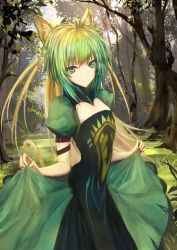 Rule 34 | 1girl, ahoge, animal ears, atalanta (fate), belt, brown hair, cat ears, dress, fate/apocrypha, fate (series), flat chest, forest, green eyes, highres, long hair, multicolored hair, nature, smile, solo, tree
