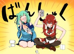 Rule 34 | absurdres, beer can, blue dress, bottle, breasts, can, commentary request, covered navel, cropped jacket, detached sleeves, double bun, dress, drink can, emphasis lines, green hair, grin, hair bun, hair ornament, highres, hololive, houshou marine, houshou marine (1st costume), indian style, jacket, leotard, leotard under clothes, medium breasts, miniskirt, open mouth, red hair, red jacket, red skirt, sake bottle, seiza, sitting, skirt, skull hair ornament, sleeveless, sleeveless jacket, smile, spill, translation request, twintails, uraya nagi, uruha rushia, uruha rushia (1st costume), virtual youtuber, wide sleeves