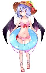 Rule 34 | 1girl, bare arms, bare shoulders, bat wings, bikini, blue hair, blush, bow, bow bikini, breasts, brown hat, cleavage, collarbone, commentary request, flower, food, frilled bikini, frills, fruit, full body, groin, hair between eyes, hair flower, hair ornament, hairclip, hat, hat flower, hat ribbon, highres, hyurasan, innertube, leaf, lemon, lemon slice, looking at viewer, navel, parted lips, pink bikini, red bow, red eyes, red footwear, red ribbon, remilia scarlet, ribbon, sandals, short hair, simple background, small breasts, solo, standing, star (symbol), star print, stomach, sun hat, swim ring, swimsuit, thighs, touhou, white background, white flower, wings, yellow flower