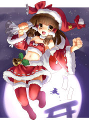 Rule 34 | 1girl, alternate costume, bare shoulders, bell, boots, broom, broom riding, brown eyes, brown hair, bustier, christmas, clenched hand, clenched hands, detached sleeves, female focus, full body, full moon, hakurei reimu, hat, japanese clothes, katahira masashi, kirisame marisa, lingerie, midriff, miko, moon, navel, open mouth, sack, santa boots, santa costume, santa hat, silhouette, smile, solo, thigh boots, thighhighs, torii, touhou, underwear, witch, yin yang, zettai ryouiki