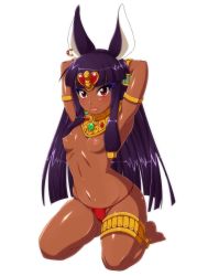 Rule 34 | 1girl, :p, animal ears, anklet, anubis (mythology), armpits, arms up, black hair, blush, breasts, dark-skinned female, dark skin, egyptian, egyptian mythology, eyeshadow, highres, jewelry, light areolae, long hair, lots of jewelry, makeup, nipples, original, purple hair, queen anubis, red eyes, seiza, simple background, sitting, small breasts, solo, thick thighs, thighs, tongue, tongue out, topless, white background, yoohi