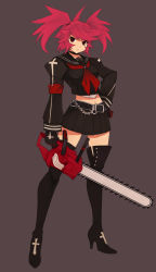 Rule 34 | 1girl, absurdres, armband, belt, black thighhighs, boots, caee penguin, chain, chainsaw, choker, cross, frown, gloves, hand on own hip, highres, hip focus, looking at viewer, midriff, navel, original, red eyes, red hair, school uniform, short hair, short twintails, simple background, skirt, solo, standing, thigh boots, thighhighs, twintails, zettai ryouiki