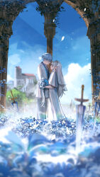 Rule 34 | 1boy, 1girl, advarcher, blue flower, blue hair, blue sky, blurry, blurry foreground, bouquet, closed eyes, cloud, cloudy sky, commentary, couple, day, dress, elf, english commentary, field, flower, flower field, formal, frieren, full body, hair down, hair over eyes, hetero, highres, himmel (sousou no frieren), holding, holding bouquet, light particles, long hair, no eyes, planted, planted sword, planted weapon, pointy ears, scenery, short hair, sky, sousou no frieren, standing, suit, sword, variant set, very long hair, weapon, wedding, wedding dress, white dress, white hair, white suit, wide shot