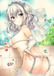 Rule 34 | 1girl, alternate costume, ass, blue eyes, blue sky, blush, breasts, bridal veil, butt crack, closed mouth, cloud, covered erect nipples, garter straps, hair between eyes, highres, jewelry, kantai collection, kashima (kancolle), large breasts, long hair, marker (medium), panties, ring, saya pr, sidelocks, silver hair, sky, smile, thighhighs, traditional media, tree, twintails, underwear, veil, wavy hair, wedding ring, white panties, white thighhighs