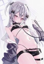 Rule 34 | 1girl, absurdres, animal collar, bare shoulders, bat hair ornament, belt, bikini, black bikini, black jacket, black nails, blush, breasts, collar, cross hair ornament, grey hair, hair ornament, highres, holding, holding leash, jacket, leash, long hair, looking at viewer, mizupuruta, nail polish, open clothes, original, pubic tattoo, red eyes, short shorts, shorts, small breasts, solo, swimsuit, tattoo, thigh belt, thigh strap, tongue, tongue out, twintails, vampire, x hair ornament