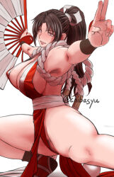 Rule 34 | 1girl, armpits, breasts, brown eyes, brown hair, chiba shuusaku, chibasyu, fatal fury, female focus, hand fan, japanese clothes, kimono, large breasts, ponytail, pubic hair, pubic hair peek, shiranui mai, smile, solo, the king of fighters, thick thighs, thighs, wristband