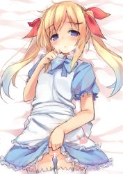 Rule 34 | 1girl, alice (alice in wonderland), alice in wonderland, blonde hair, blue dress, blue eyes, bow, breath, censored, clothes lift, dress, dress lift, enjin-san (ekon), garter straps, gradient hair, hair ornament, hairclip, long hair, looking at viewer, mokoke, multicolored hair, no panties, solo, thighhighs, twintails, white thighhighs