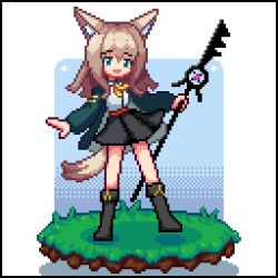 Rule 34 | 1girl, :d, animal ear fluff, animal ears, arknights, black footwear, black skirt, dog ears, dog girl, dog tail, full body, grass, green eyes, green jacket, hair between eyes, holding, holding weapon, jacket, long sleeves, looking at viewer, open clothes, open jacket, open mouth, pixel art, podenco (arknights), skirt, smile, soil, solo, standing, standing on one leg, tail, thejunebug, weapon, yellow neckwear