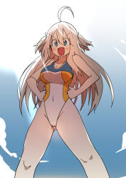 Rule 34 | 1girl, absurdres, ahoge, blonde hair, blue eyes, blush, breasts, bural chingu, fang, hands on own hips, highres, large breasts, long hair, looking at viewer, luke (dydansgur), one-piece swimsuit, open mouth, park noah, shadow, smile, solo, swimsuit, two side up