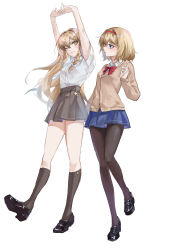 Rule 34 | 2girls, absurdres, alice margatroid, arms up, blonde hair, blush, bow, bowtie, braid, chinese commentary, collared shirt, commentary request, crossed bangs, frilled hairband, frills, green sweater, hair between eyes, hairband, hand up, highres, interlocked fingers, kirisame marisa, kneehighs, loafers, long hair, looking at another, medium hair, multiple girls, pantyhose, pleated skirt, purple eyes, purple skirt, red bow, red bowtie, red legwear, red skirt, school uniform, shirt, shoes, short sleeves, skirt, socks, standing, star (symbol), stretching, sweater, toko yuan zi, touhou, very long hair, white shirt