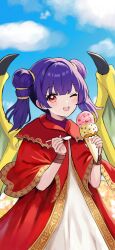 Rule 34 | 1girl, ;d, blue sky, blunt bangs, blush, cloud, dragon wings, dress, eyelashes, fire emblem, fire emblem: the sacred stones, food, highres, holding, holding spoon, ice cream, ice cream cone, looking at viewer, myrrh (fire emblem), nintendo, one eye closed, open mouth, purple hair, red eyes, red robe, robe, sky, smile, solo, spoon, twintails, white dress, wings, yuurururun