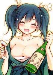 Rule 34 | 10s, 1girl, alcohol, animated, animated png, bare shoulders, blush, bottle, bouncing breasts, breasts, cleavage, drunk, closed eyes, hair ribbon, kantai collection, large breasts, long hair, open clothes, open mouth, ribbon, sake, sake bottle, sarashi, smile, solo, souryuu (kancolle), twintails, ugoira